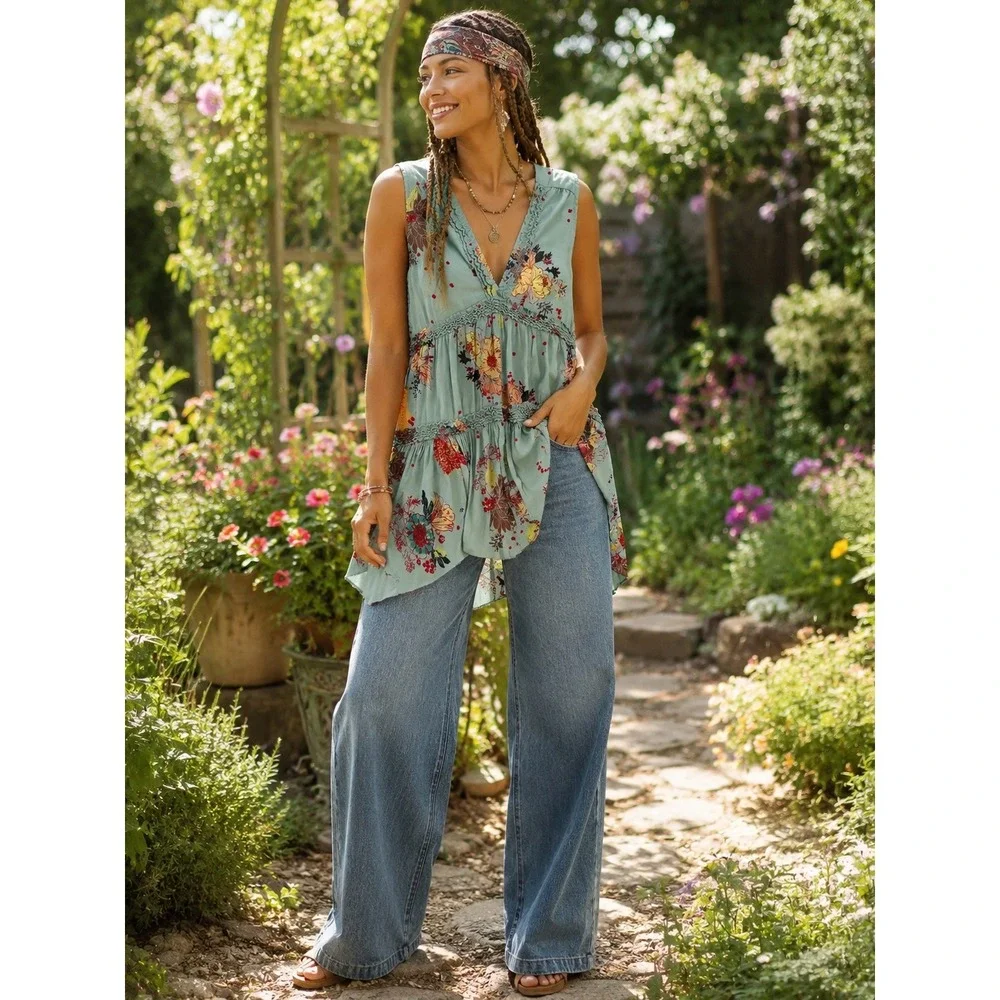 Free People Sleeveless Tunic Top Size XS Tiered Floral Babydoll Boho Grunge